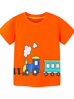 Orange t-shirt with a blue and teal train graphic and white smoke detail.