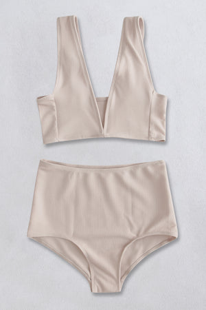 Beige ribbed high-waisted bikini set with deep v-neck top
