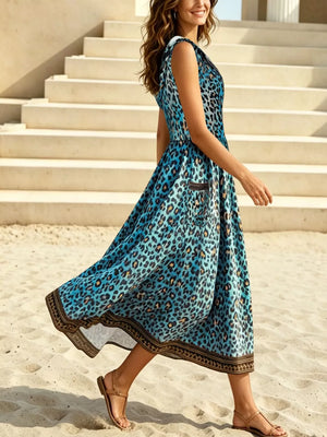 Blue flared maxi dress with hooded