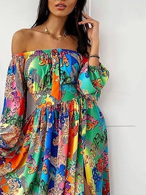 Vibrant off-shoulder maxi dress with baroque print and side slit.