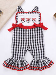 Gingham soccer ball embroidered jumpsuit with red bows and ruffle bell bottoms