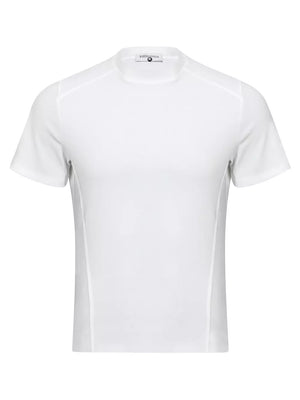 White mock neck athletic fit t-shirt with short sleeves and side panel detail.