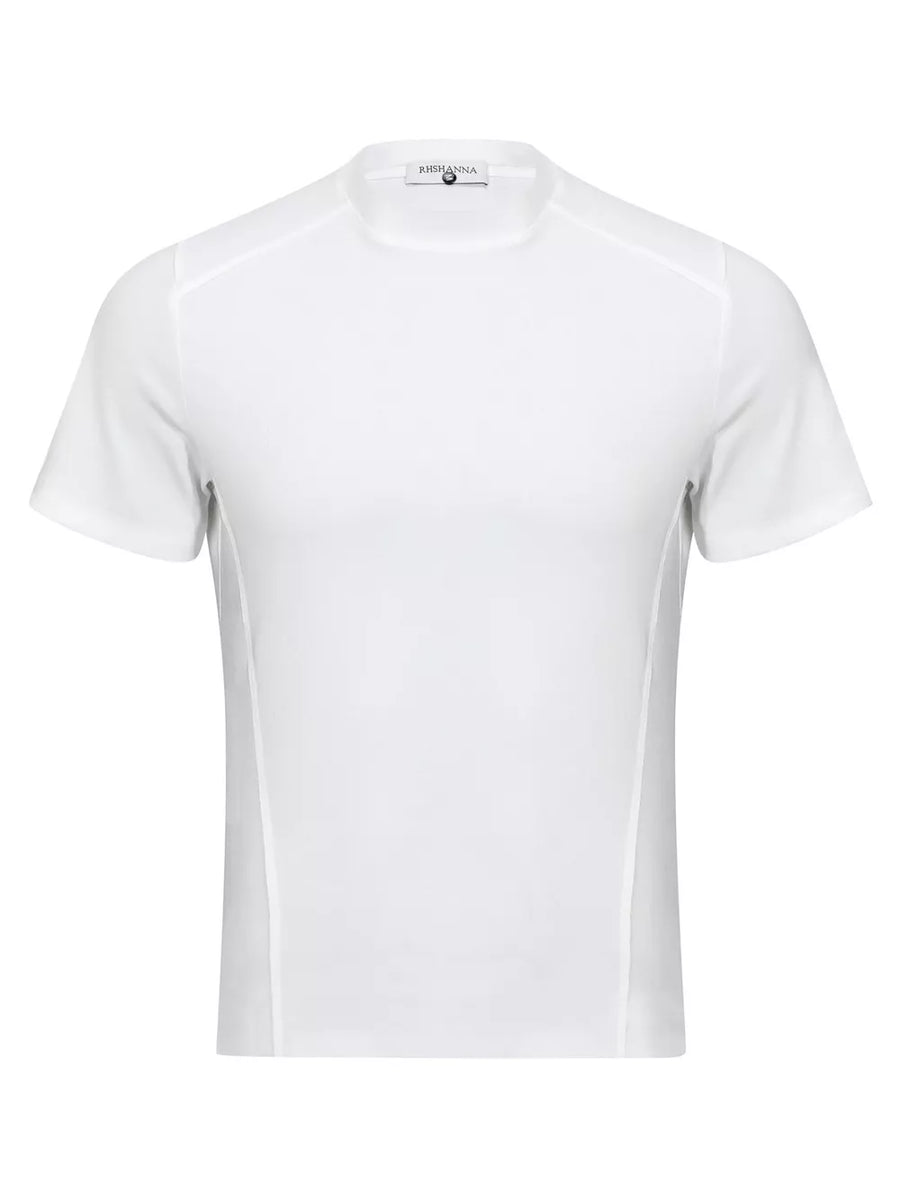 White mock neck athletic fit t-shirt with short sleeves and side panel detail.