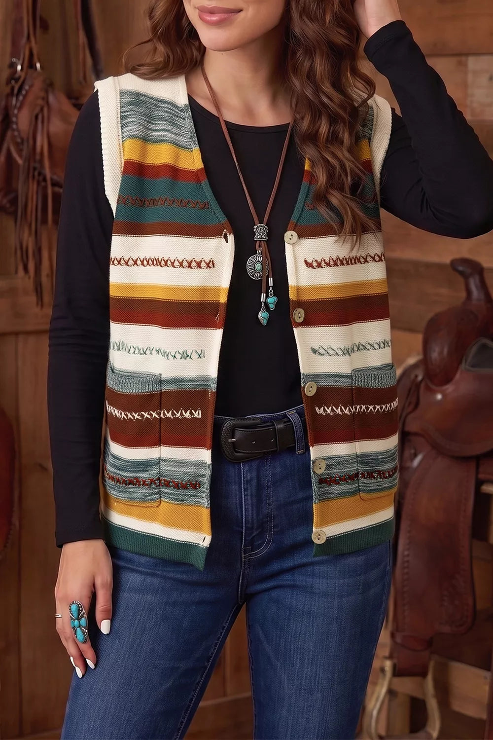 Multicolor Striped Button Front Sleeveless Sweater Vest
