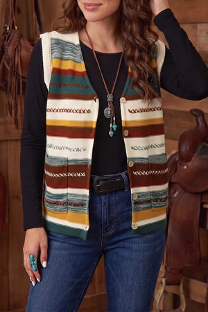 Multicolor Striped Button Front Sleeveless Sweater Vest