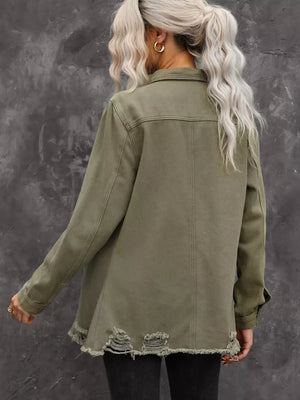 streetwear denim jacket in olive green with collared