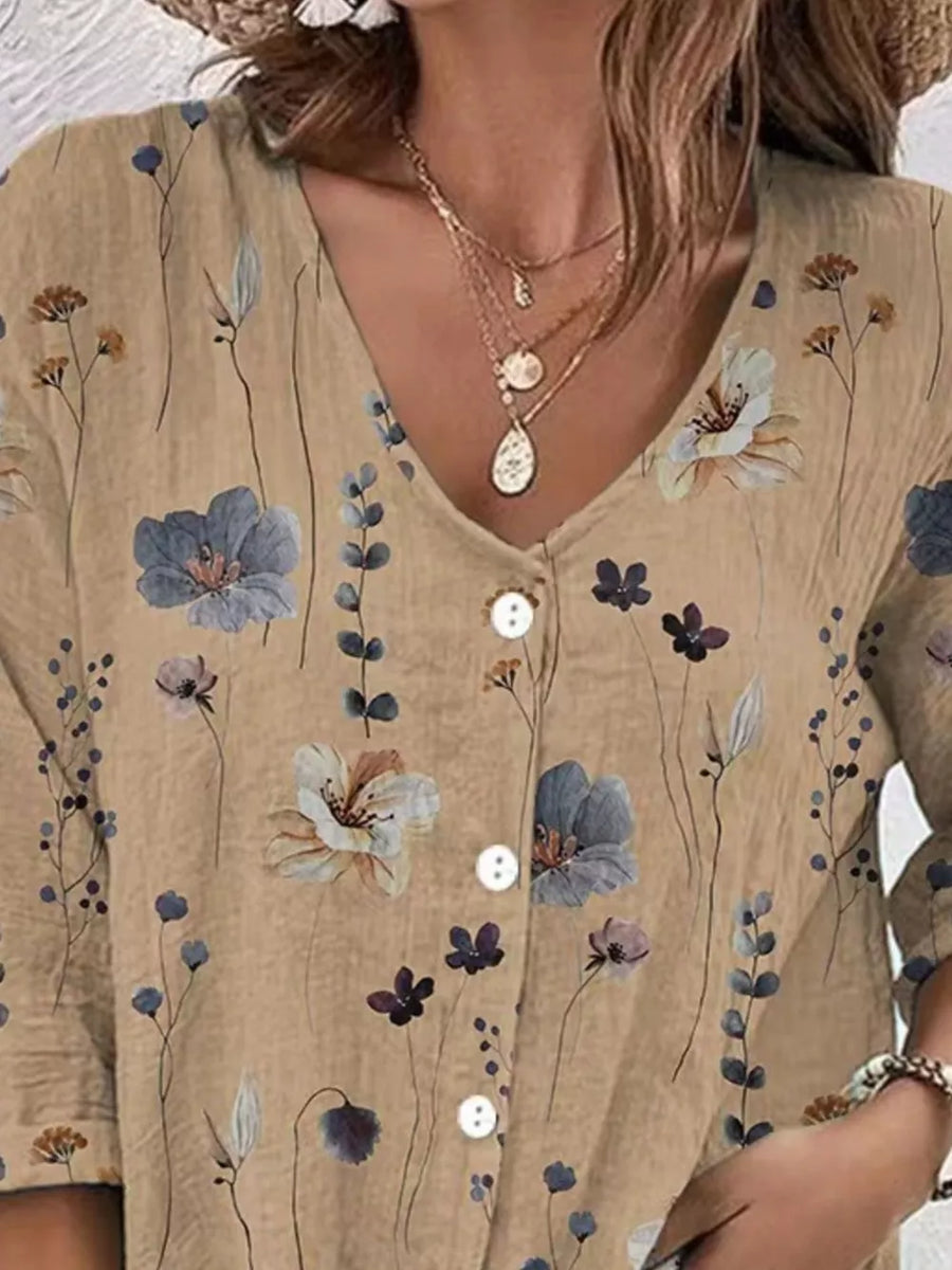 dusty blue button-down shirt featuring button-front and floral