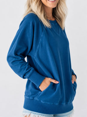 Crew Neck Raglan Sleeve Sweatshirt in Army Green with ribbed