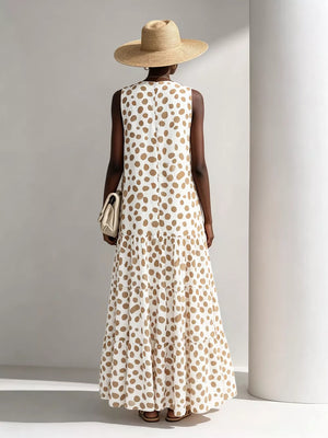 maxi dress in Beige with polka dot and tiered