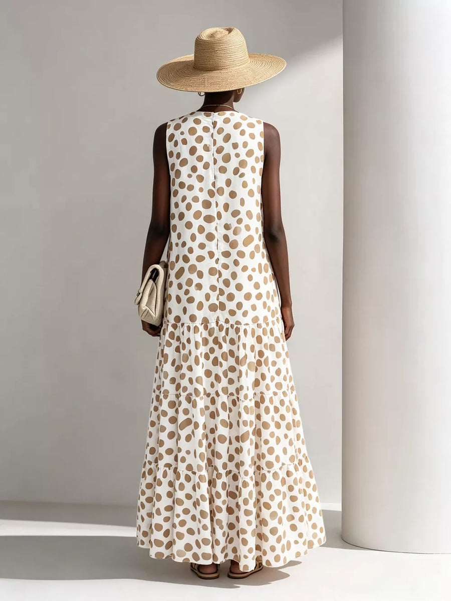 maxi dress in Beige with polka dot and tiered