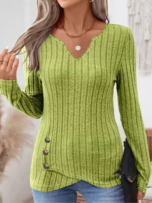 Sage ribbed knit top with notched neckline and button detail on side