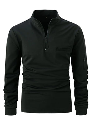 Black mock neck zip-up sweatshirt with welt pocket and sleeve zipper detail