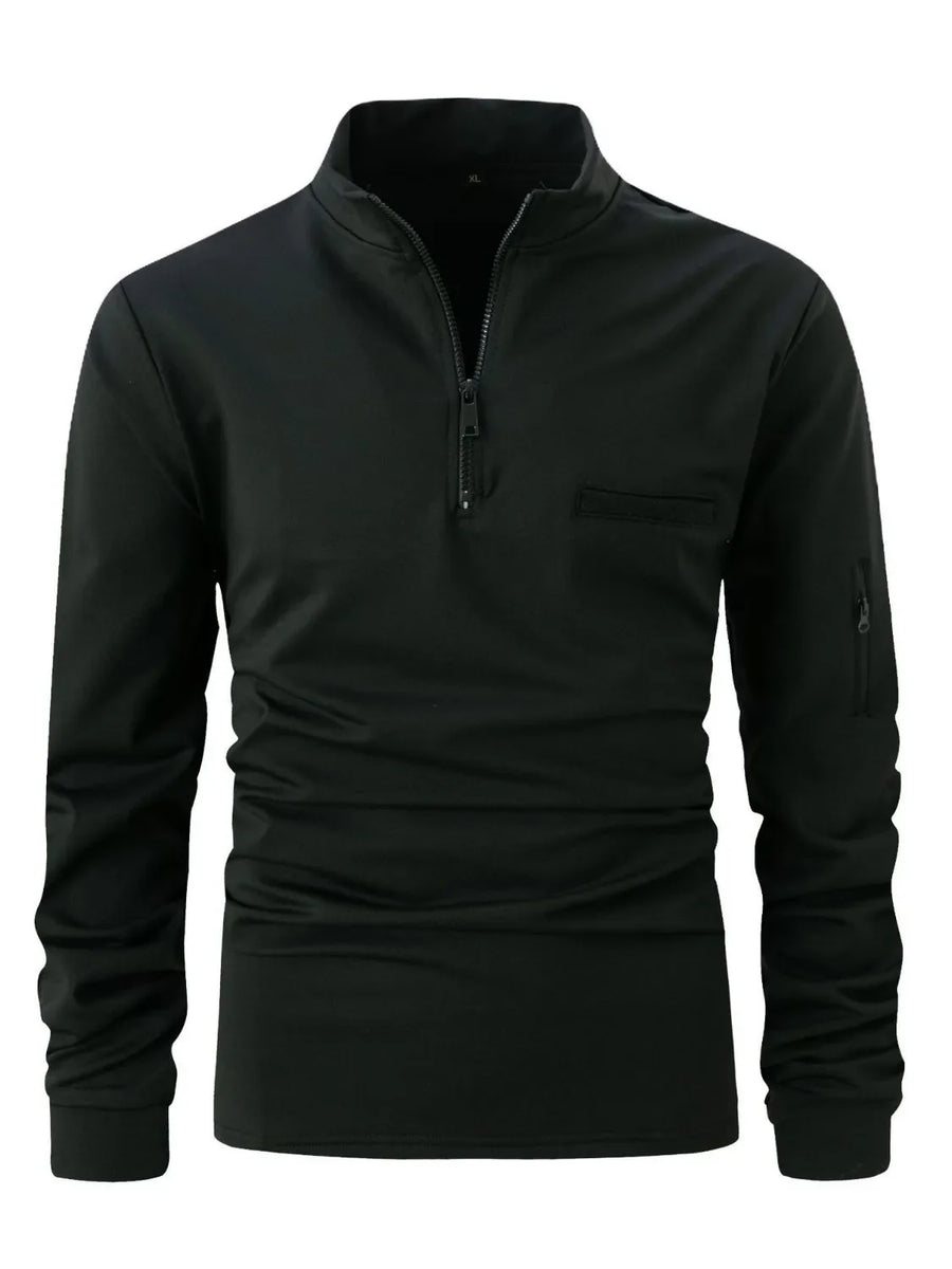 Black mock neck zip-up sweatshirt with welt pocket and sleeve zipper detail