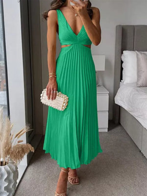 Purple Red Elegant Pleated Midi Dress With Cut-outs