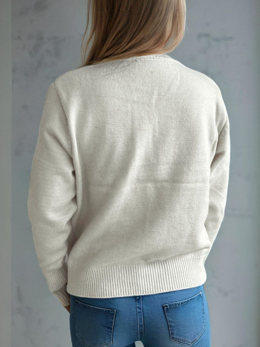 White acrylic button-up cardigan with ribbed cuffs and hem