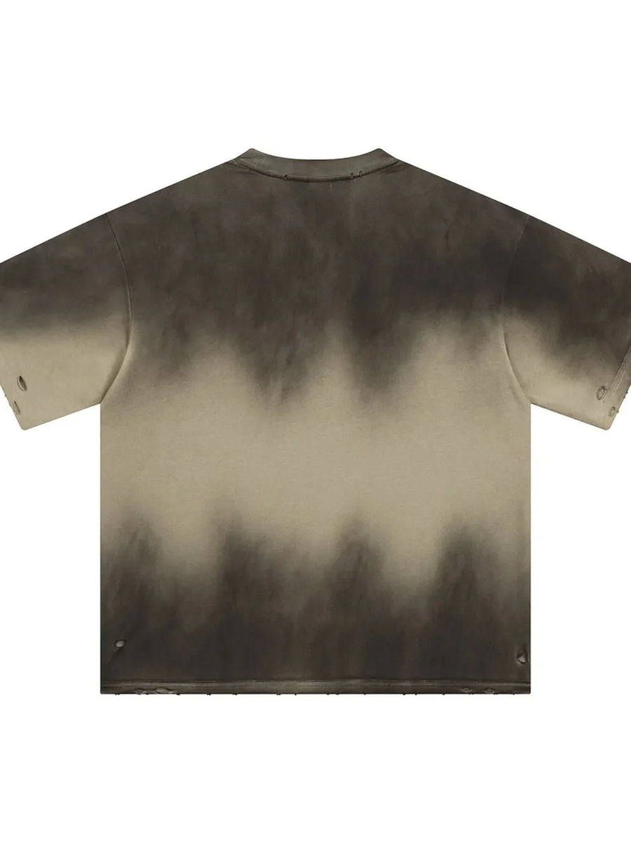 Distressed khaki t-shirt with a faded ombre effect and ripped details.