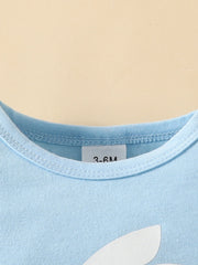 Light blue baby bodysuit with white bunny graphic and size tag