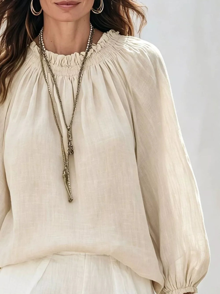 Round Neck Balloon Sleeve Blouse in Army Green