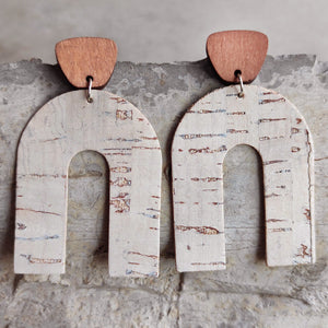 Archway cork statement earrings with wood detail, natural texture.