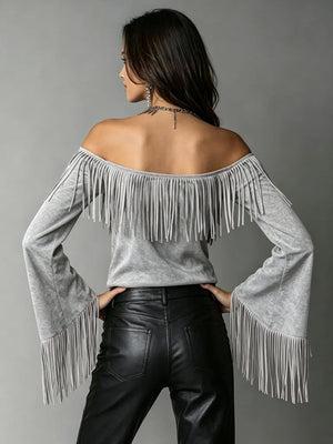 off-shoulder top in Black with fringe and waist-length