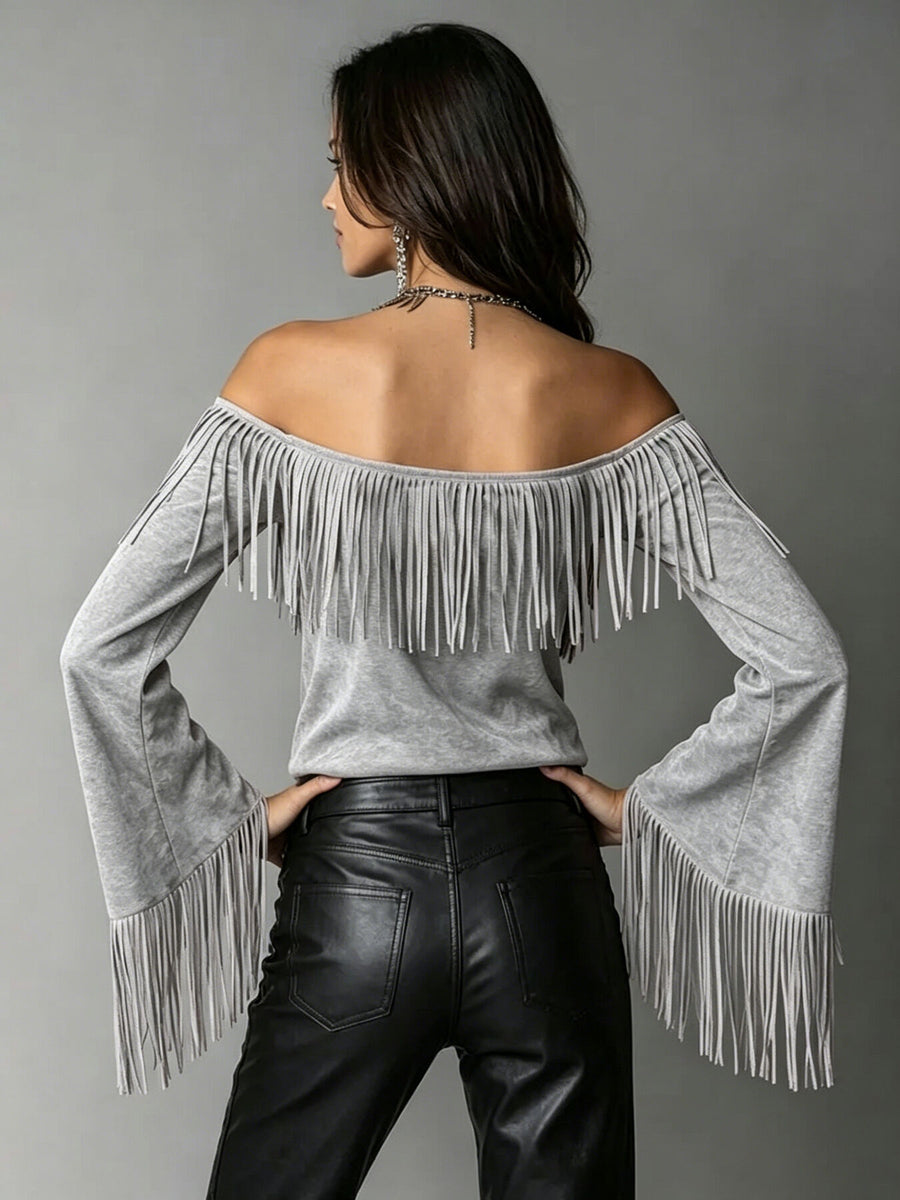 off-shoulder top in Black with fringe and waist-length