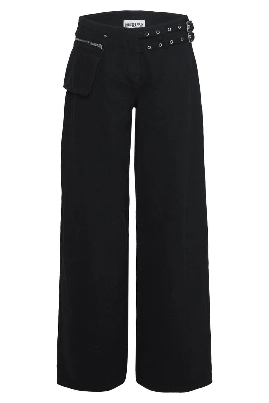 Black cotton denim flared trousers with utility pocket and buckle detail