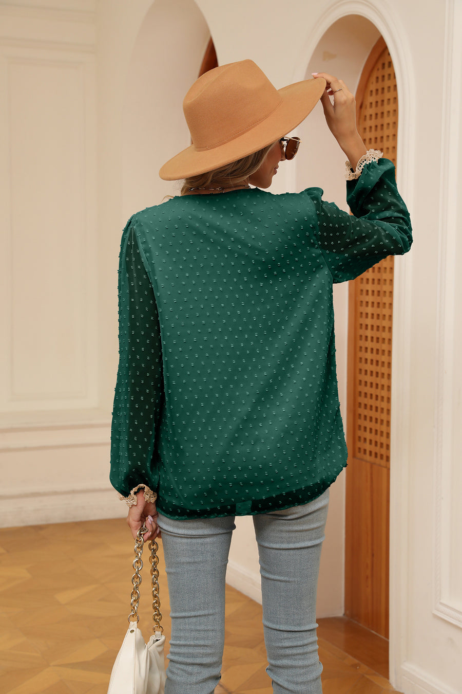 Green Embroidered Swiss Dot Blouse with Poet Sleeves
