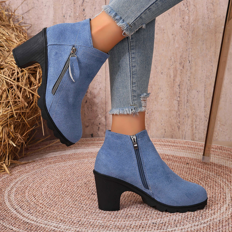 Zip-Up Round Toe Block Heels Boots in Leopard Print
