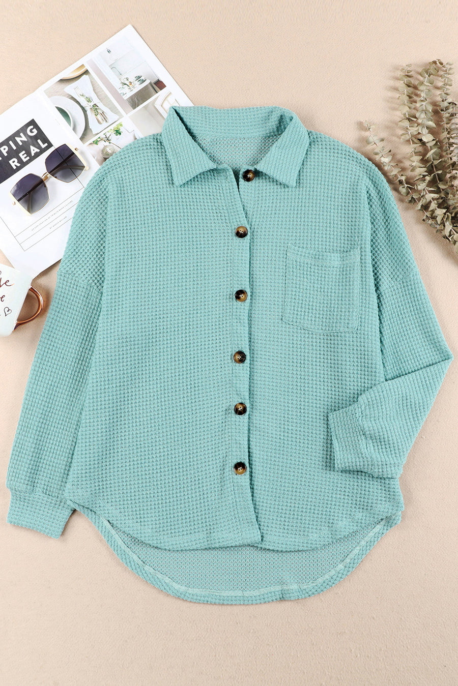 Light Green waffle knit button-down shirt jacket with button closure and chest pocket.