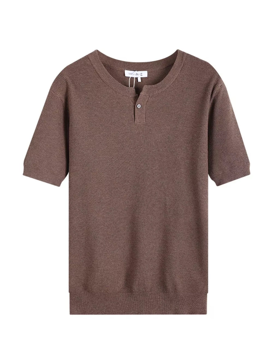 Men's casual knit henley shirt in Flower Brown with short sleeves and a two-button placket.