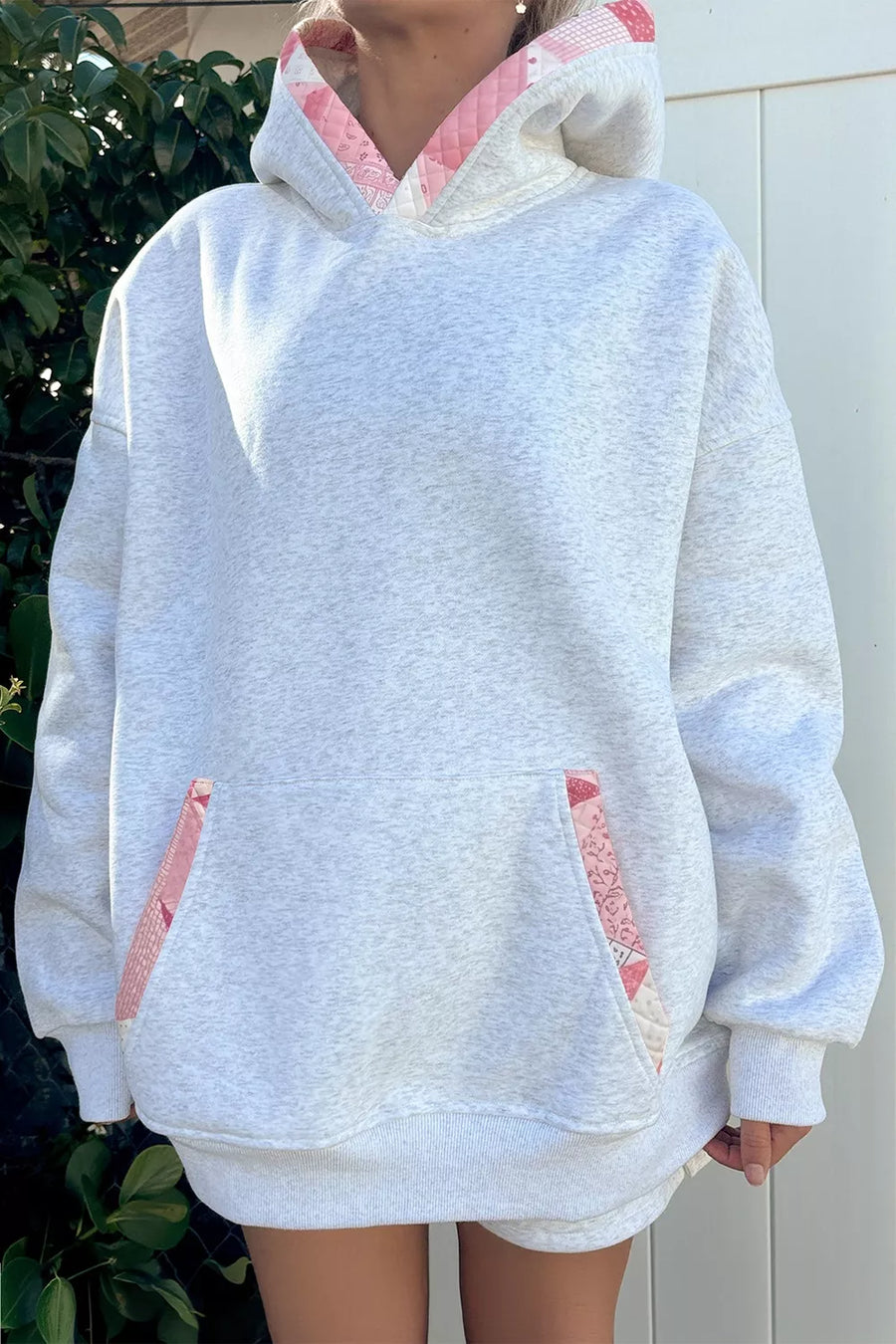 Contrast Patchwork Oversized Hoodie in Light Gray