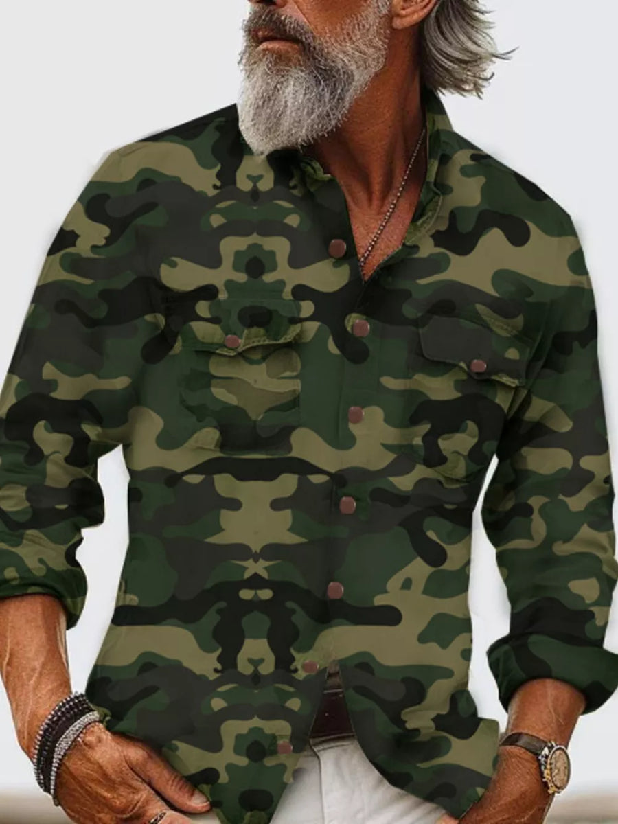 Gray button-up shirt with hip-length and button-front