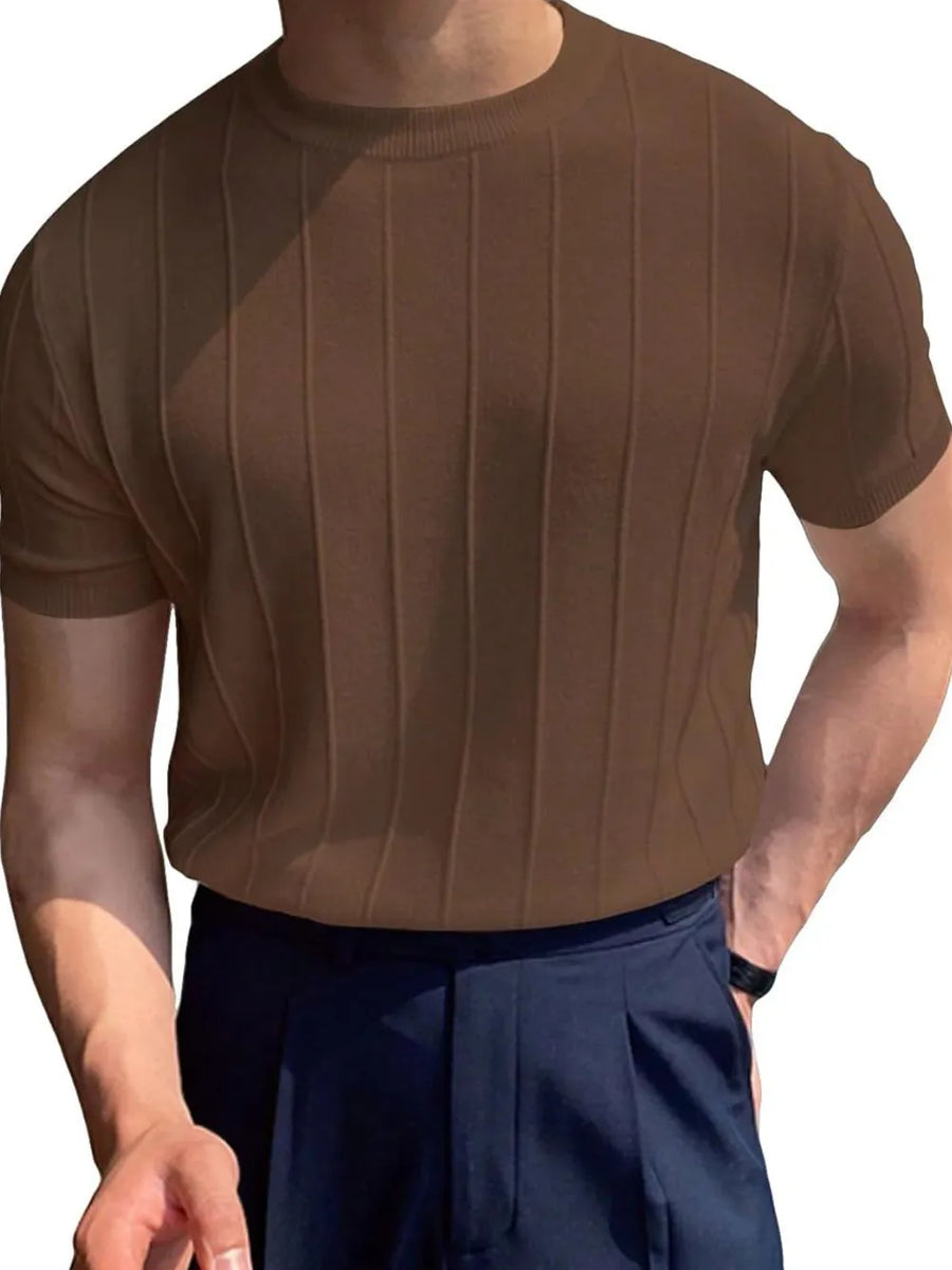 Ribbed knit crewneck tee in coffee brown with vertical ribbing detail