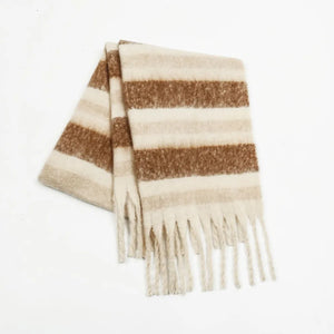 Textured stripe fringe scarf in cream and dark brown with soft fringe detail.