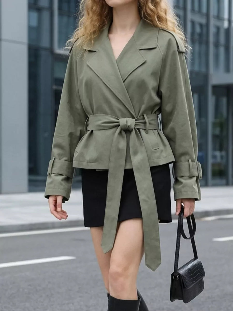 Lapel Collar Belted Cropped Trench in Moss