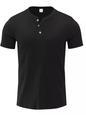 Black ribbed henley tee for men with button detail and short sleeves