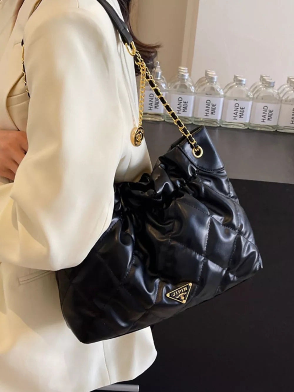 Ruched Leather Shoulder Bag in Black