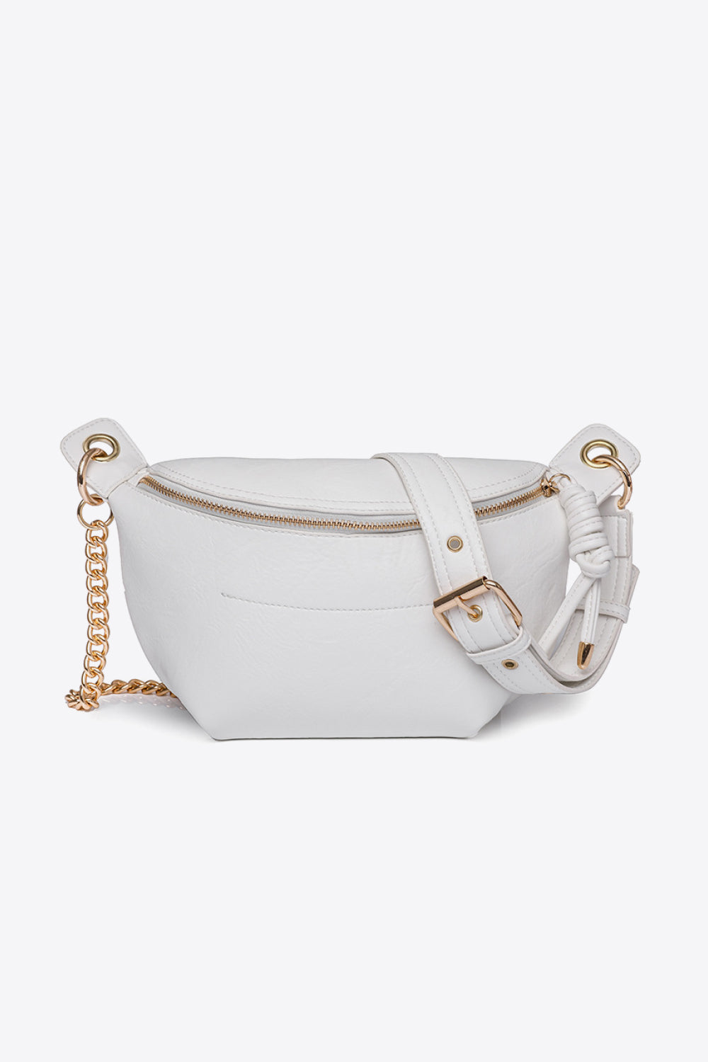 White belted crescent chain bag with gold hardware and a crossbody strap.