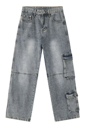 Medium wash baggy cargo jeans with distressed detailing and multiple pockets.