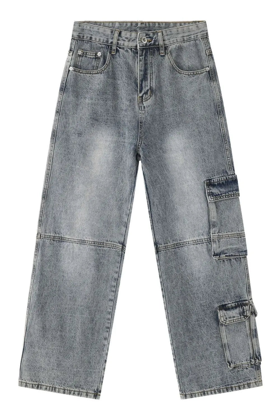 Medium wash baggy cargo jeans with distressed detailing and multiple pockets.