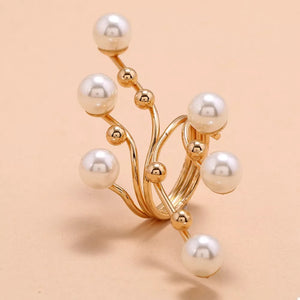 Gold bypass ring with pearls and gold beads, alloy, adjustable