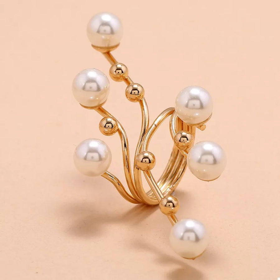 Gold bypass ring with pearls and gold beads, alloy, adjustable