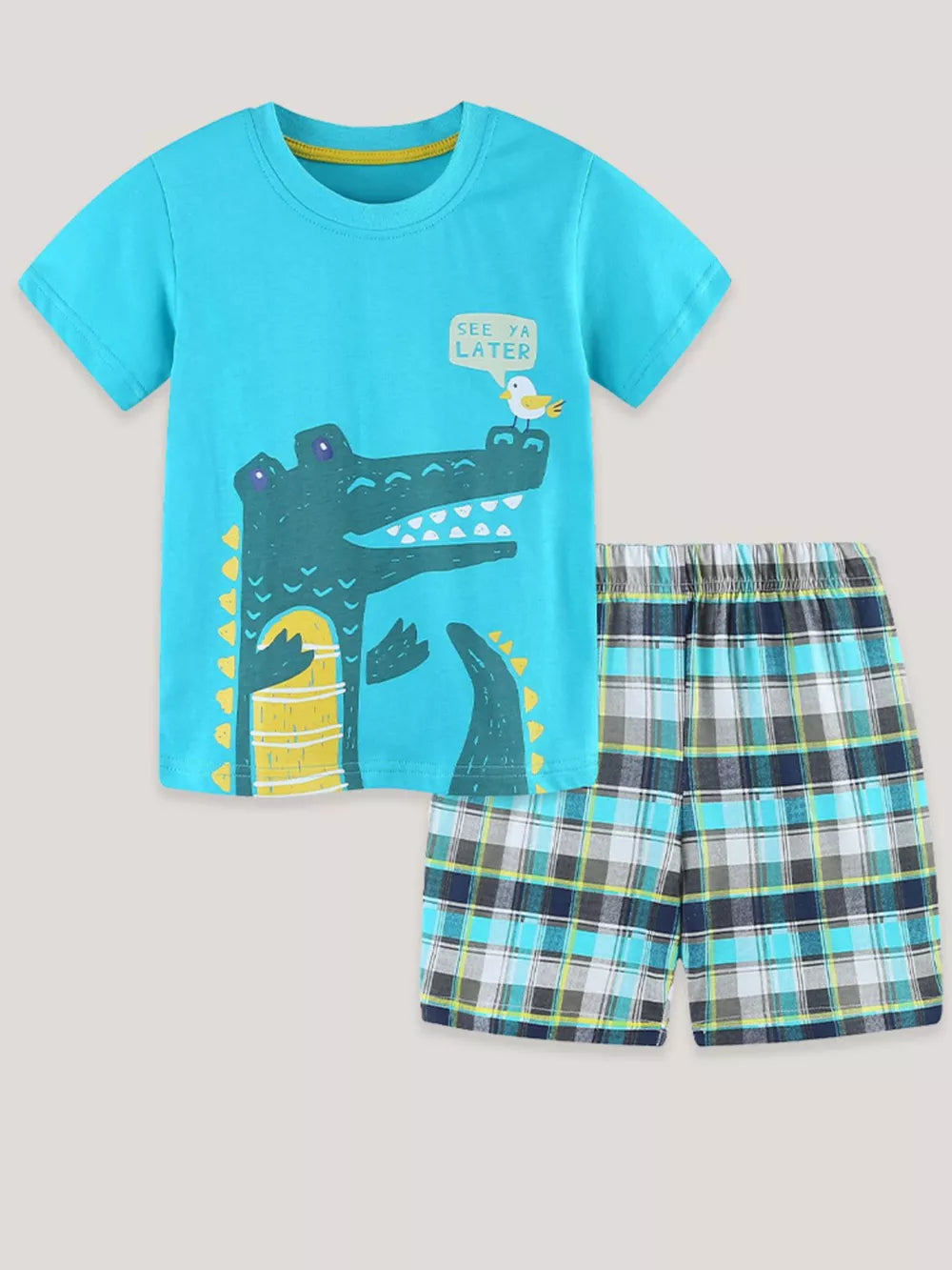 Boys' blue cotton tee with crocodile graphic and plaid shorts set.