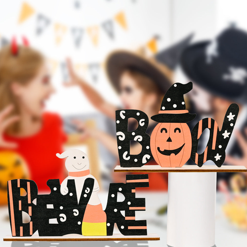 Halloween word blocks BEWARE and BOO with ghost, pumpkin, and candy corn.