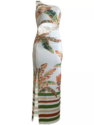 Tropical cutout maxi dress with one shoulder, side slit, and striped hem.