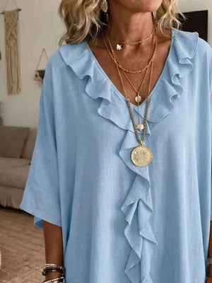 Green Full Size Ruffle V-neck 3/4 Sleeve Blouse Plus Size