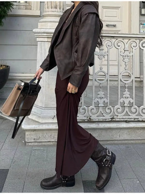 Belted Leather Jacket With Shawl Collar in Brown