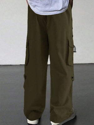 Olive green cargo pants with multiple pockets and drawstring details.