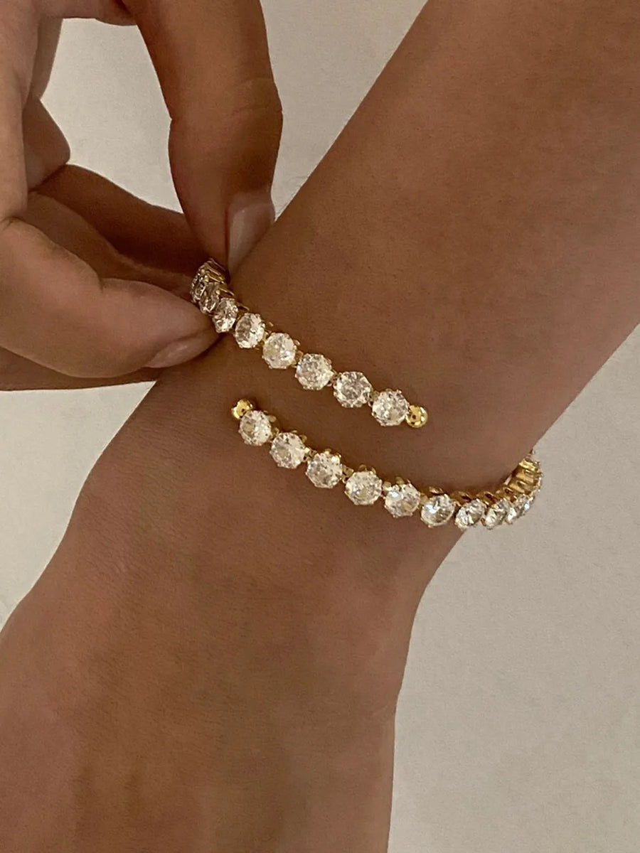 Gold double row pavé bangle bracelet with clear stones