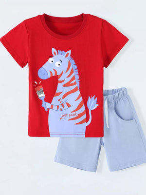 Children's Zebra Graphic Round Neck T-shirt And Shorts Set in this colorway